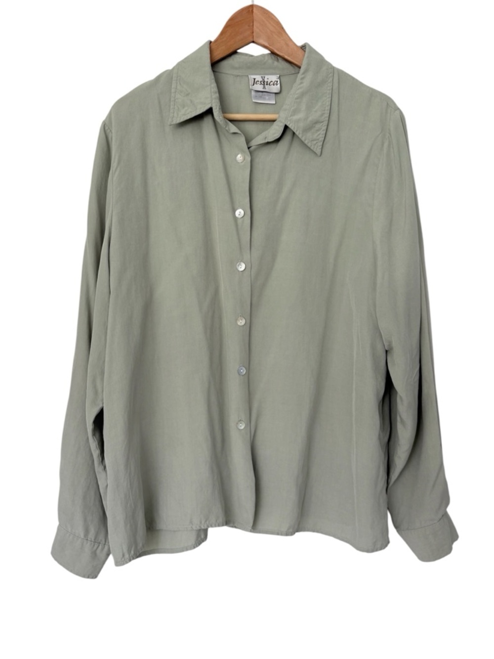Vintage Jessica Silk Collared Button Up Shirt Soft Green